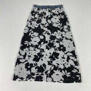 Ruth Skirt Sz XS Black Floral Sequin Chiffon Denim Waist Midi Y2K Anthropologie